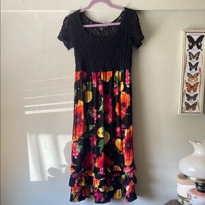 Vintage Carole Little black lace short sleeve midi dress with floral print